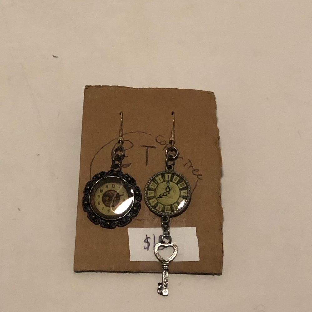 Mismatched Clock Face Earrings with Key Charm